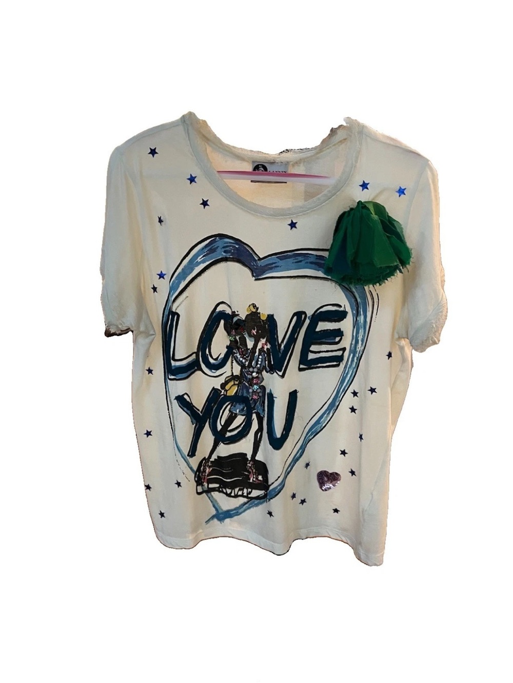 Vintage Lanvin Alber Elbaz Appliqué Tee T shirt Top Women’s S GUC bejeweled love
